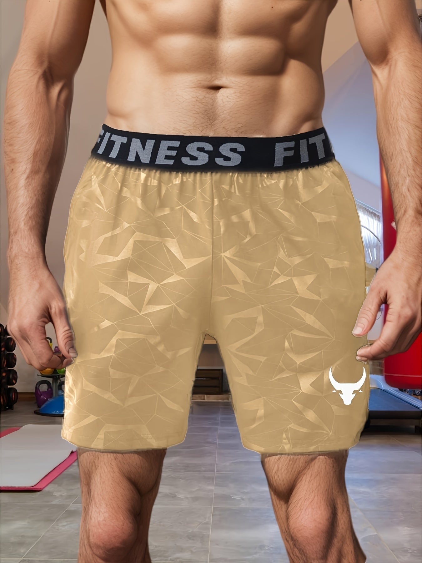 Men's "S's FINE" Athletic Shorts - Gray, Quick-Dry Polyester with Geometric Pattern, Elastic Waistband, Ideal for Running & Workouts, Machine Washable