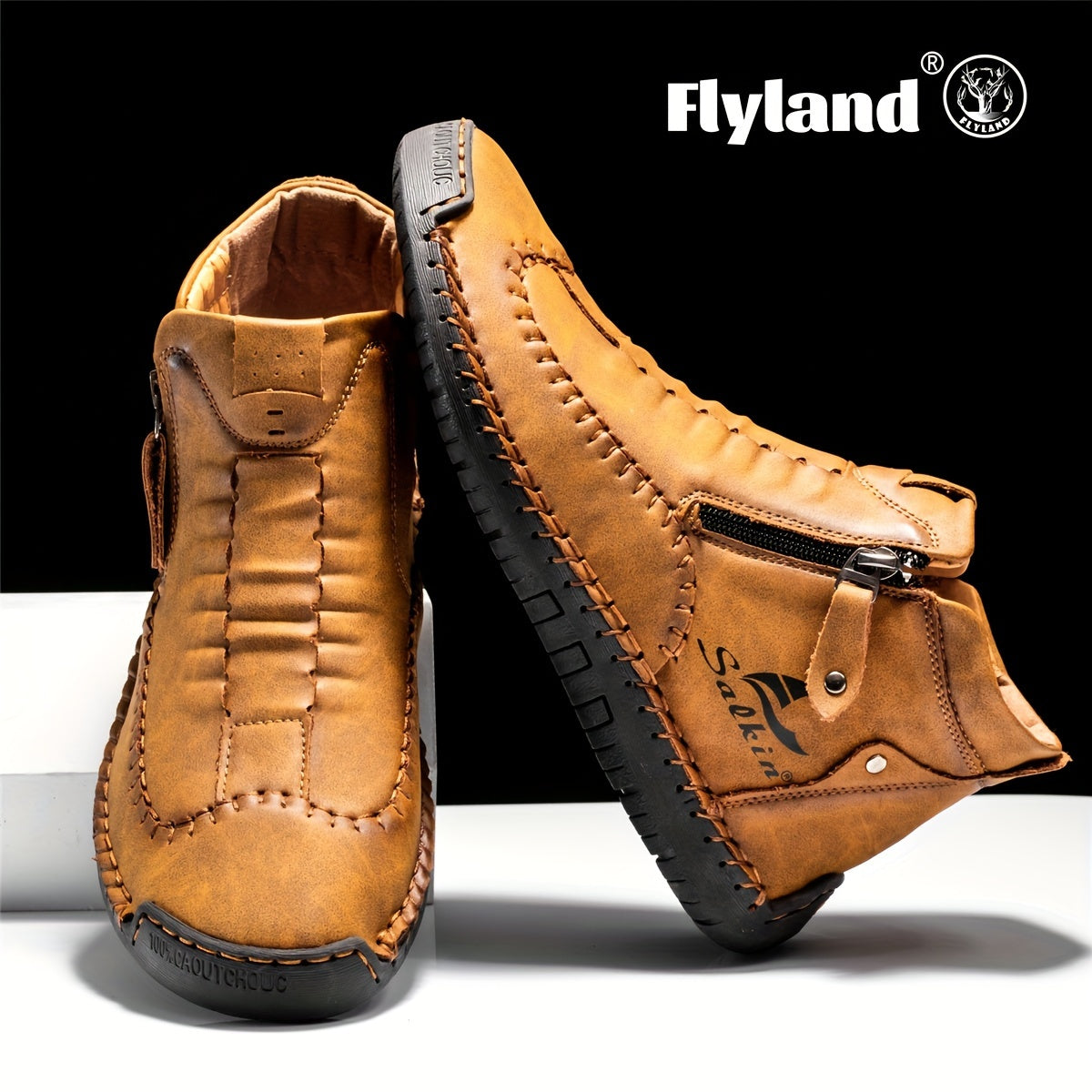 Comfortable Wear-resistant FLYLAND Men's Ankle Boots Vintage Style Non-slip Stitch Boots for Hiking Trekking Climbing Outdoor Shoes