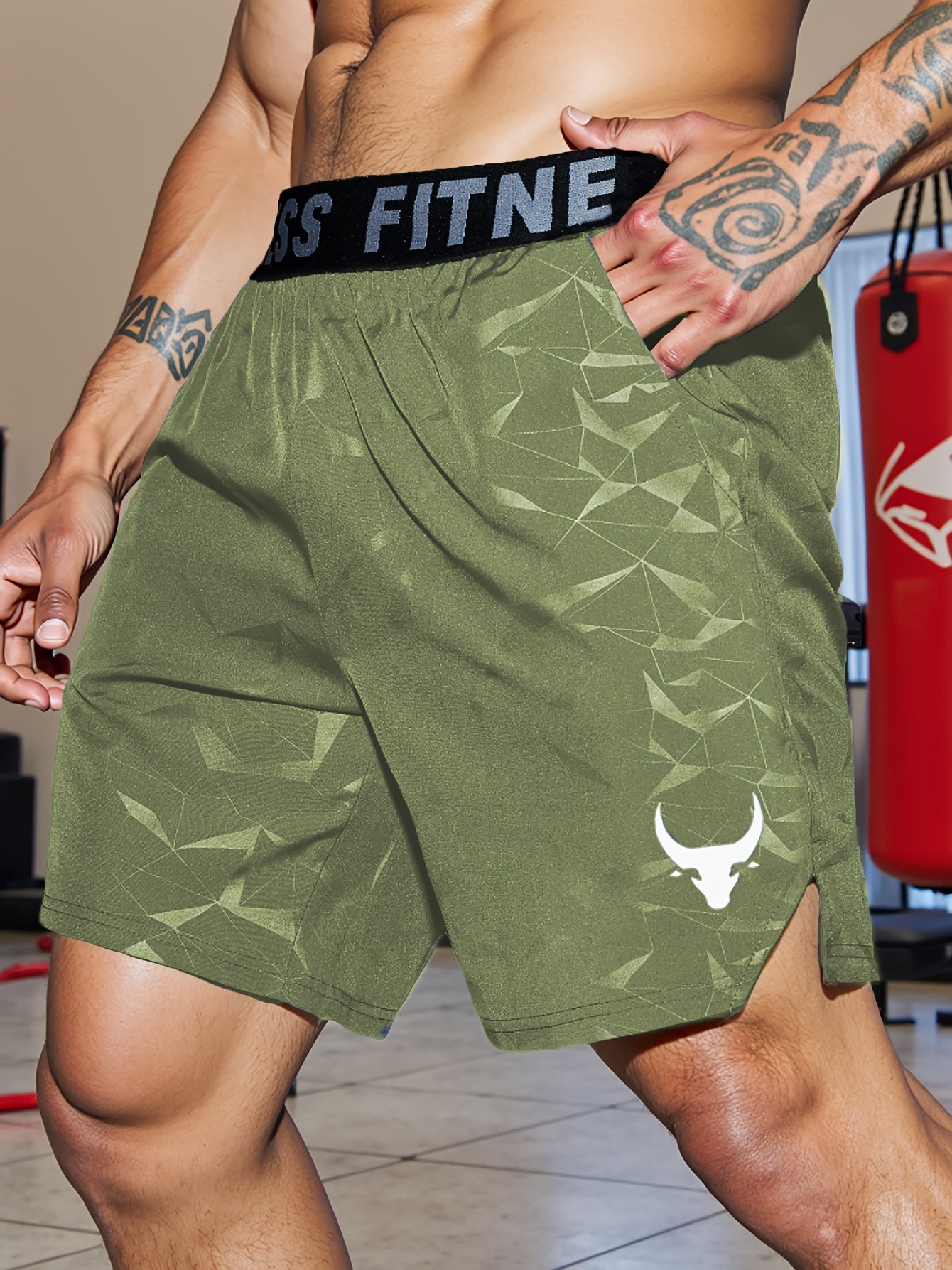 Men's "S's FINE" Athletic Shorts - Gray, Quick-Dry Polyester with Geometric Pattern, Elastic Waistband, Ideal for Running & Workouts, Machine Washable