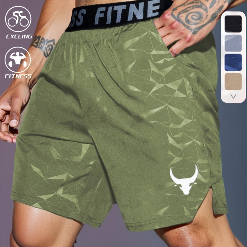Men's "S's FINE" Athletic Shorts - Gray, Quick-Dry Polyester with Geometric Pattern, Elastic Waistband, Ideal for Running & Workouts, Machine Washable
