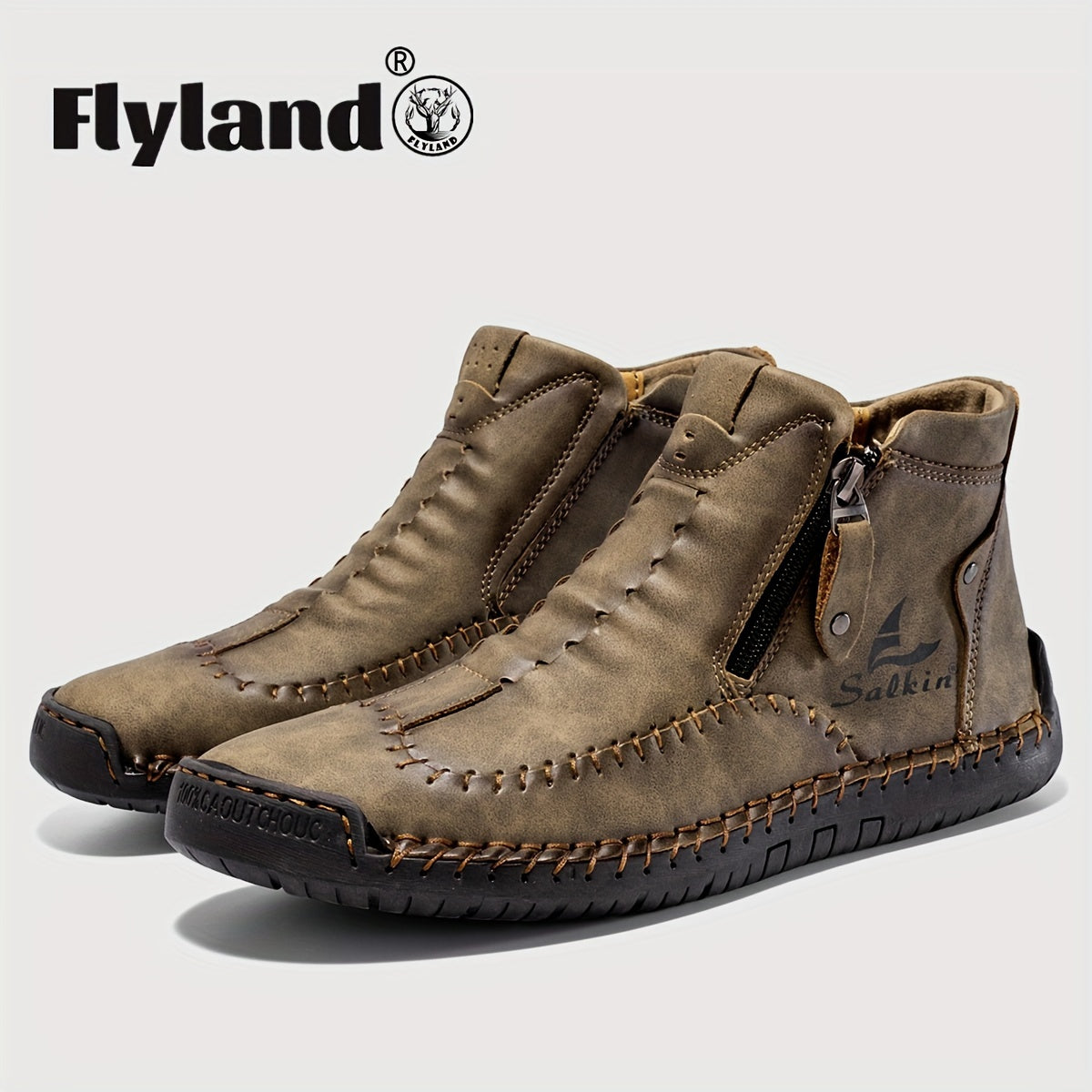 Comfortable Wear-resistant FLYLAND Men's Ankle Boots Vintage Style Non-slip Stitch Boots for Hiking Trekking Climbing Outdoor Shoes