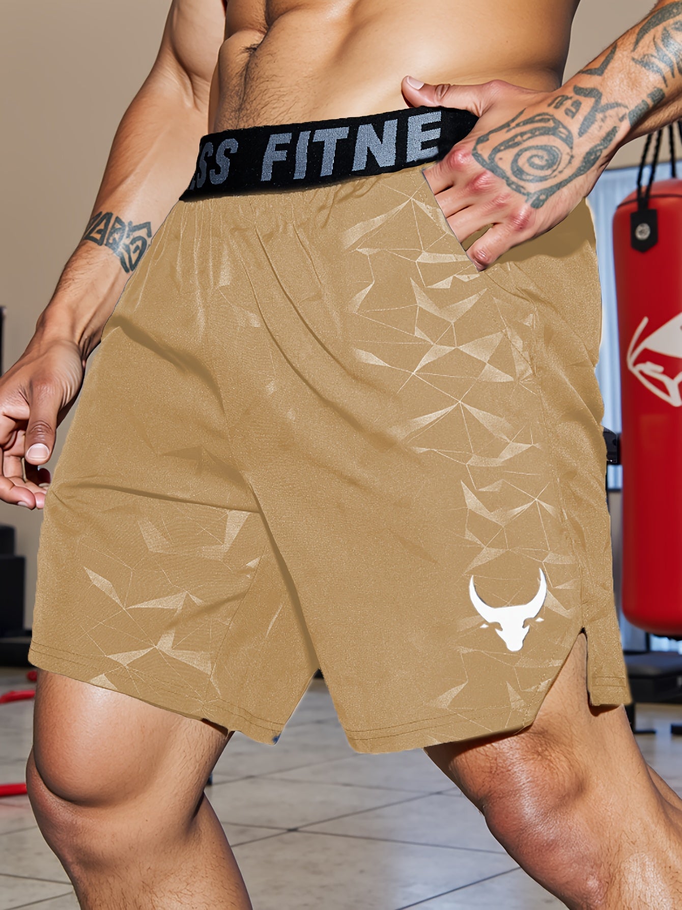 Men's "S's FINE" Athletic Shorts - Gray, Quick-Dry Polyester with Geometric Pattern, Elastic Waistband, Ideal for Running & Workouts, Machine Washable