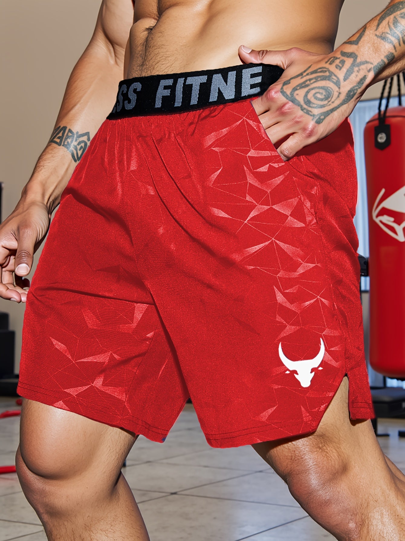 Men's "S's FINE" Athletic Shorts - Gray, Quick-Dry Polyester with Geometric Pattern, Elastic Waistband, Ideal for Running & Workouts, Machine Washable