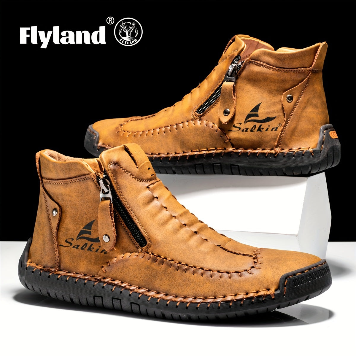 Comfortable Wear-resistant FLYLAND Men's Ankle Boots Vintage Style Non-slip Stitch Boots for Hiking Trekking Climbing Outdoor Shoes