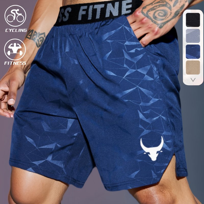 Men's "S's FINE" Athletic Shorts - Gray, Quick-Dry Polyester with Geometric Pattern, Elastic Waistband, Ideal for Running & Workouts, Machine Washable