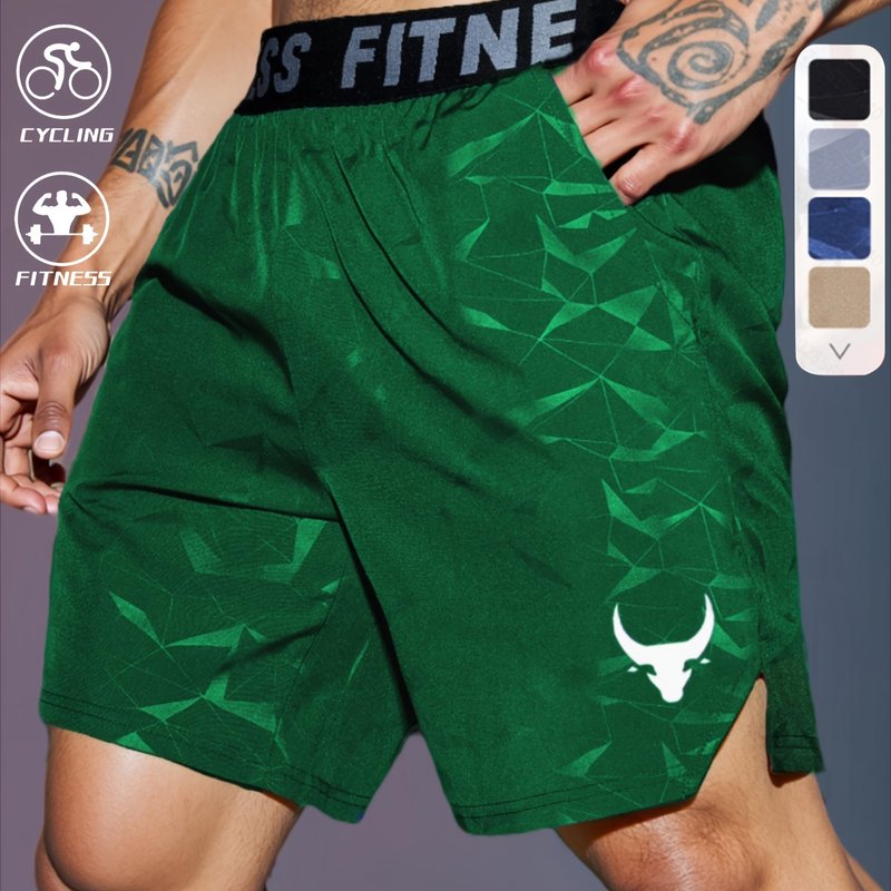 Men's "S's FINE" Athletic Shorts - Gray, Quick-Dry Polyester with Geometric Pattern, Elastic Waistband, Ideal for Running & Workouts, Machine Washable