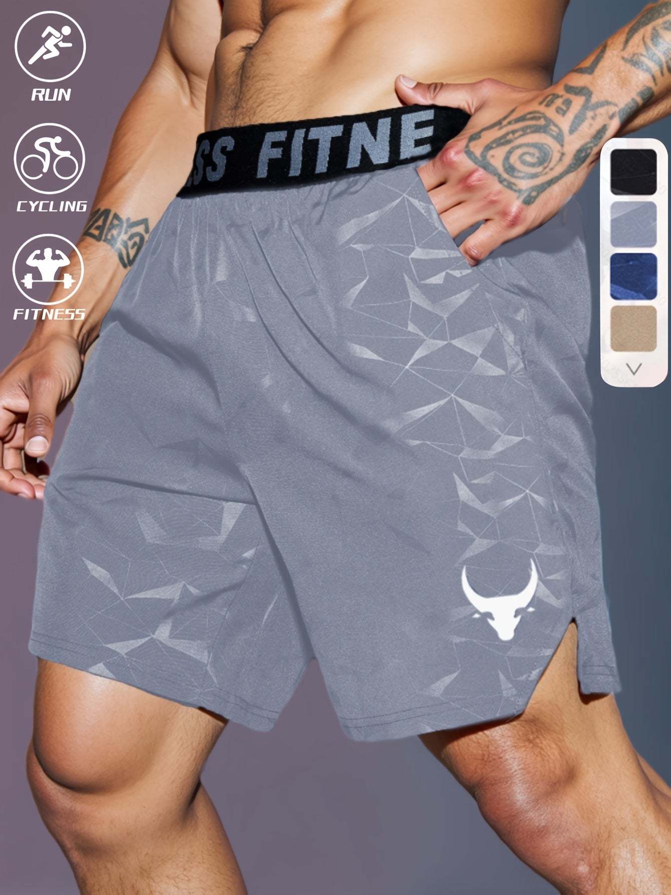 Men's "S's FINE" Athletic Shorts - Gray, Quick-Dry Polyester with Geometric Pattern, Elastic Waistband, Ideal for Running & Workouts, Machine Washable