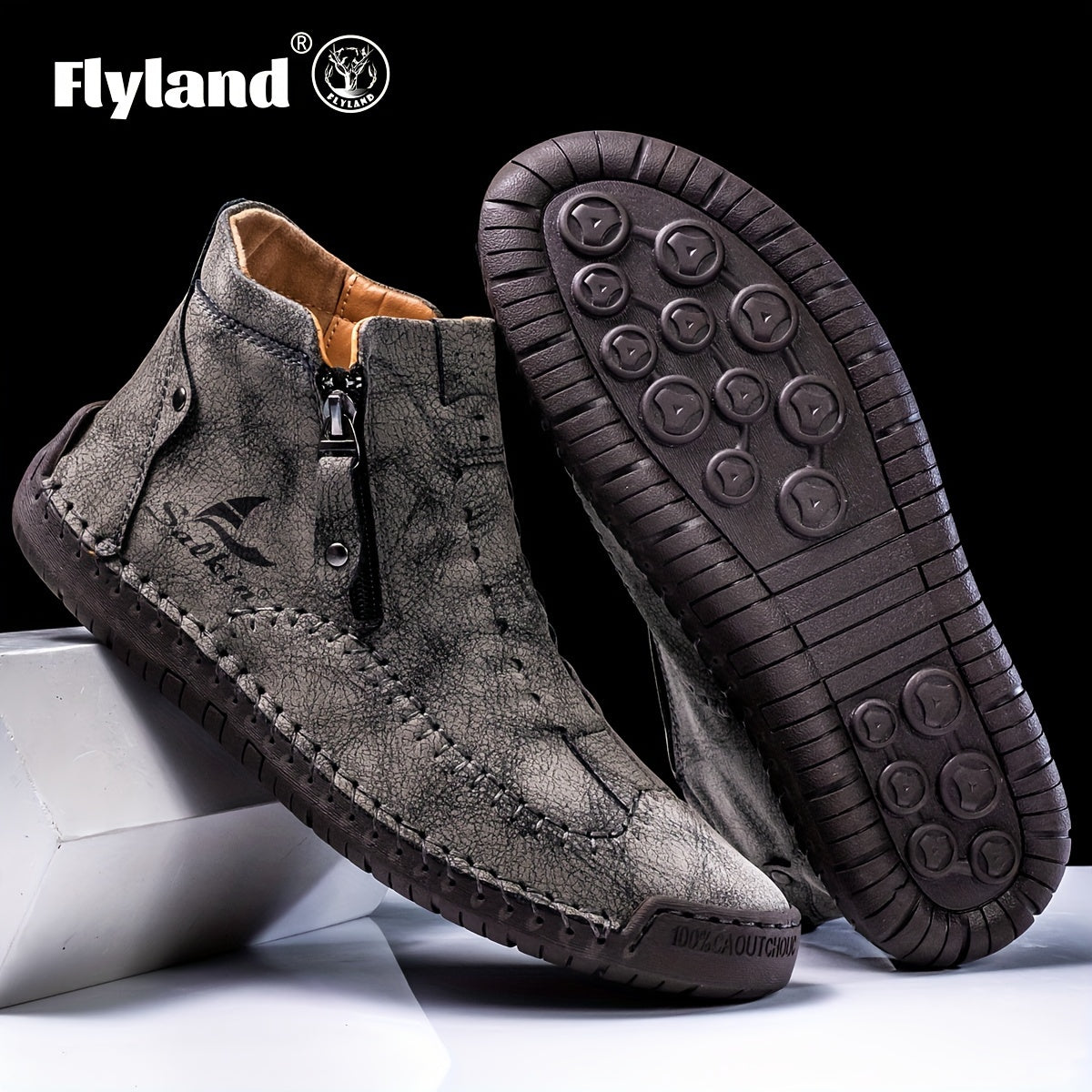 Comfortable Wear-resistant FLYLAND Men's Ankle Boots Vintage Style Non-slip Stitch Boots for Hiking Trekking Climbing Outdoor Shoes