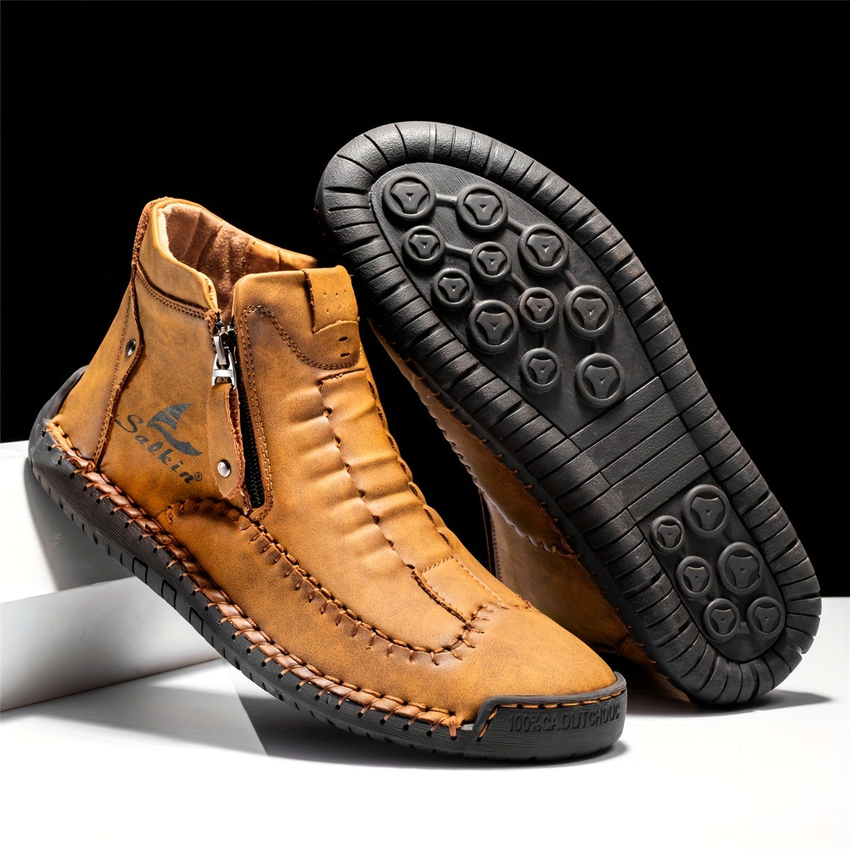 Comfortable Wear-resistant FLYLAND Men's Ankle Boots Vintage Style Non-slip Stitch Boots for Hiking Trekking Climbing Outdoor Shoes