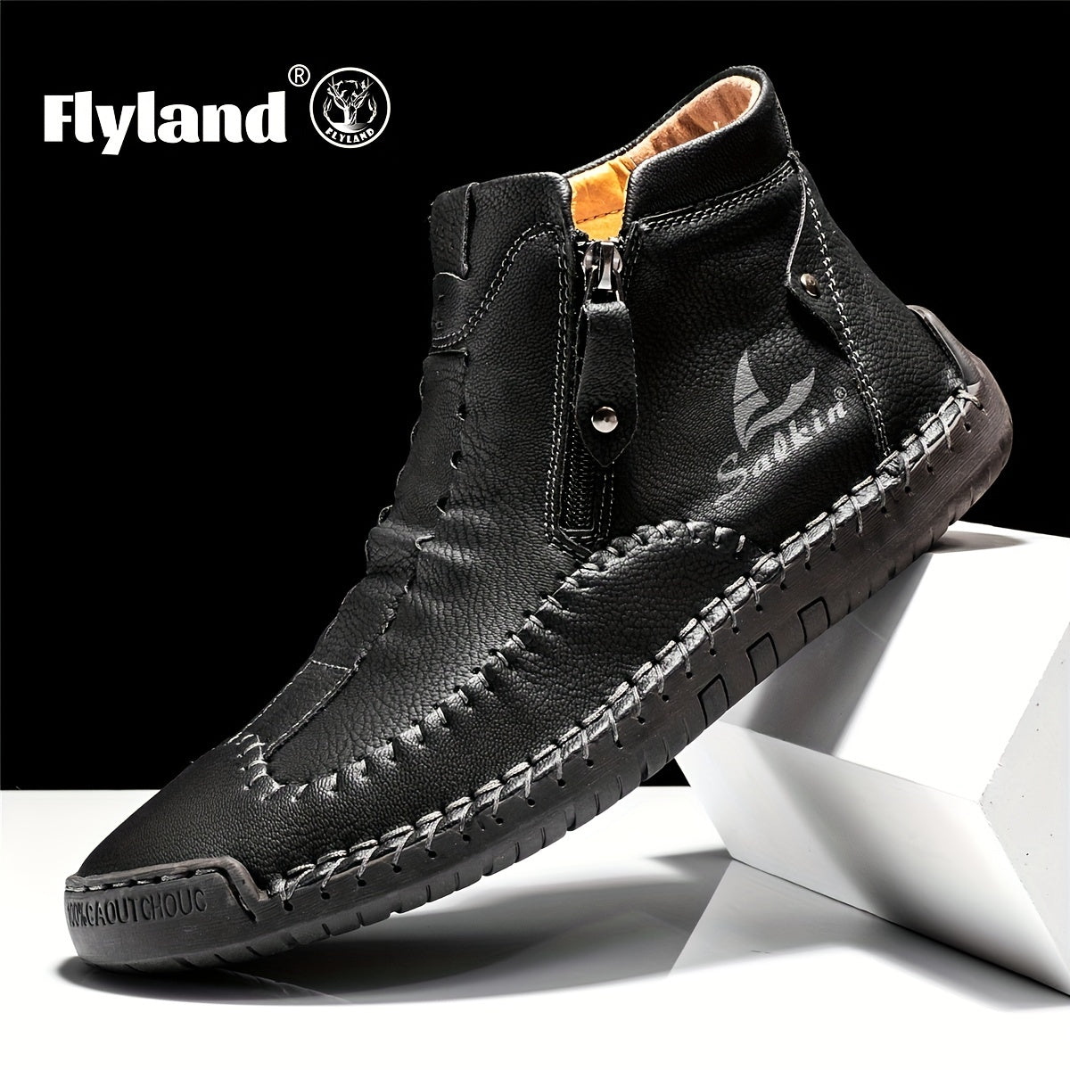 Comfortable Wear-resistant FLYLAND Men's Ankle Boots Vintage Style Non-slip Stitch Boots for Hiking Trekking Climbing Outdoor Shoes