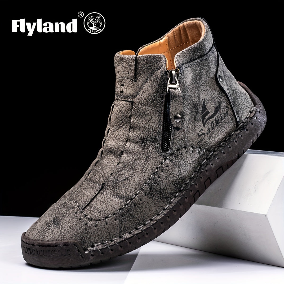Comfortable Wear-resistant FLYLAND Men's Ankle Boots Vintage Style Non-slip Stitch Boots for Hiking Trekking Climbing Outdoor Shoes