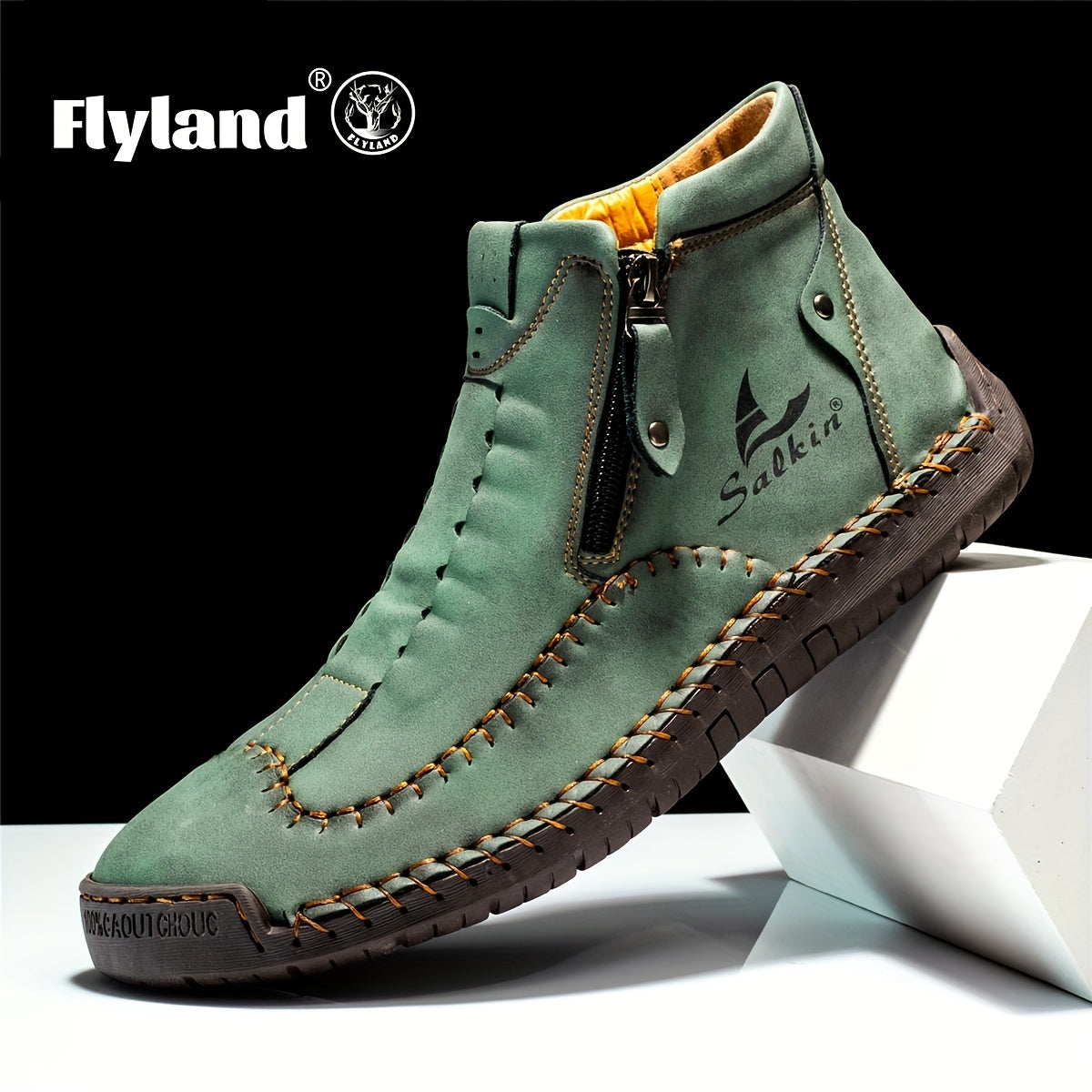 Comfortable Wear-resistant FLYLAND Men's Ankle Boots Vintage Style Non-slip Stitch Boots for Hiking Trekking Climbing Outdoor Shoes