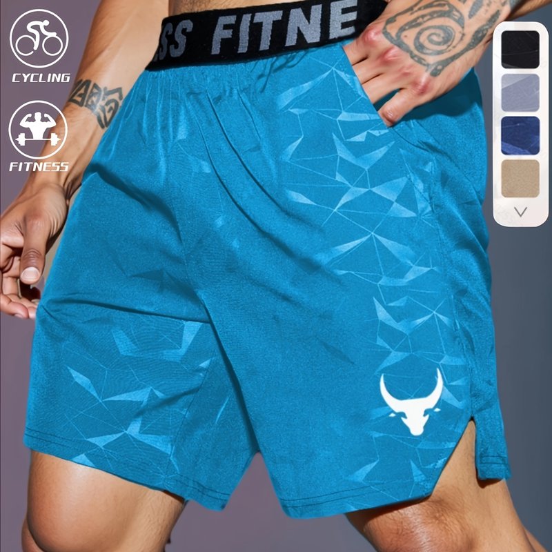 Men's "S's FINE" Athletic Shorts - Gray, Quick-Dry Polyester with Geometric Pattern, Elastic Waistband, Ideal for Running & Workouts, Machine Washable