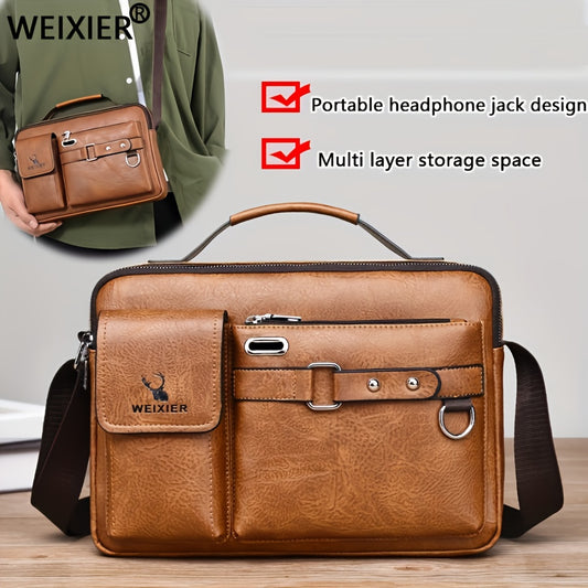 WEIXIER Men's Business Crossbody Bag - Premium with Multi-Compartment Design, Adjustable Strap & Portable Headphone Jack Pocket - Light Brown Office & Casual Shoulder Bag Gift for Dad, Husband (Anniversary Present), Crossbody