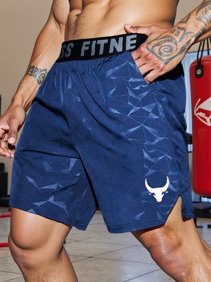 Men's "S's FINE" Athletic Shorts - Gray, Quick-Dry Polyester with Geometric Pattern, Elastic Waistband, Ideal for Running & Workouts, Machine Washable
