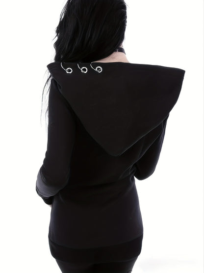 Stylish Black Zip-Up Hoodie with Unique Chain Detail - Casual Long Sleeve, Polyester Blend, Machine Washable - Perfect for All Seasons