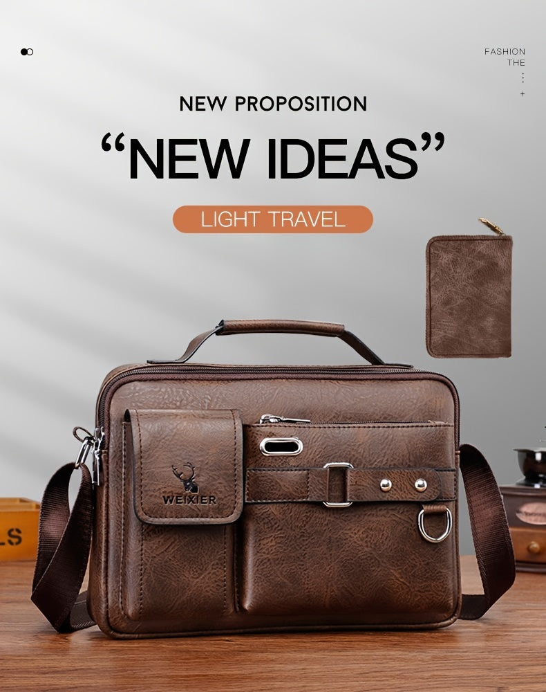 WEIXIER Men's Business Crossbody Bag - Premium with Multi-Compartment Design, Adjustable Strap & Portable Headphone Jack Pocket - Light Brown Office & Casual Shoulder Bag Gift for Dad, Husband (Anniversary Present), Crossbody