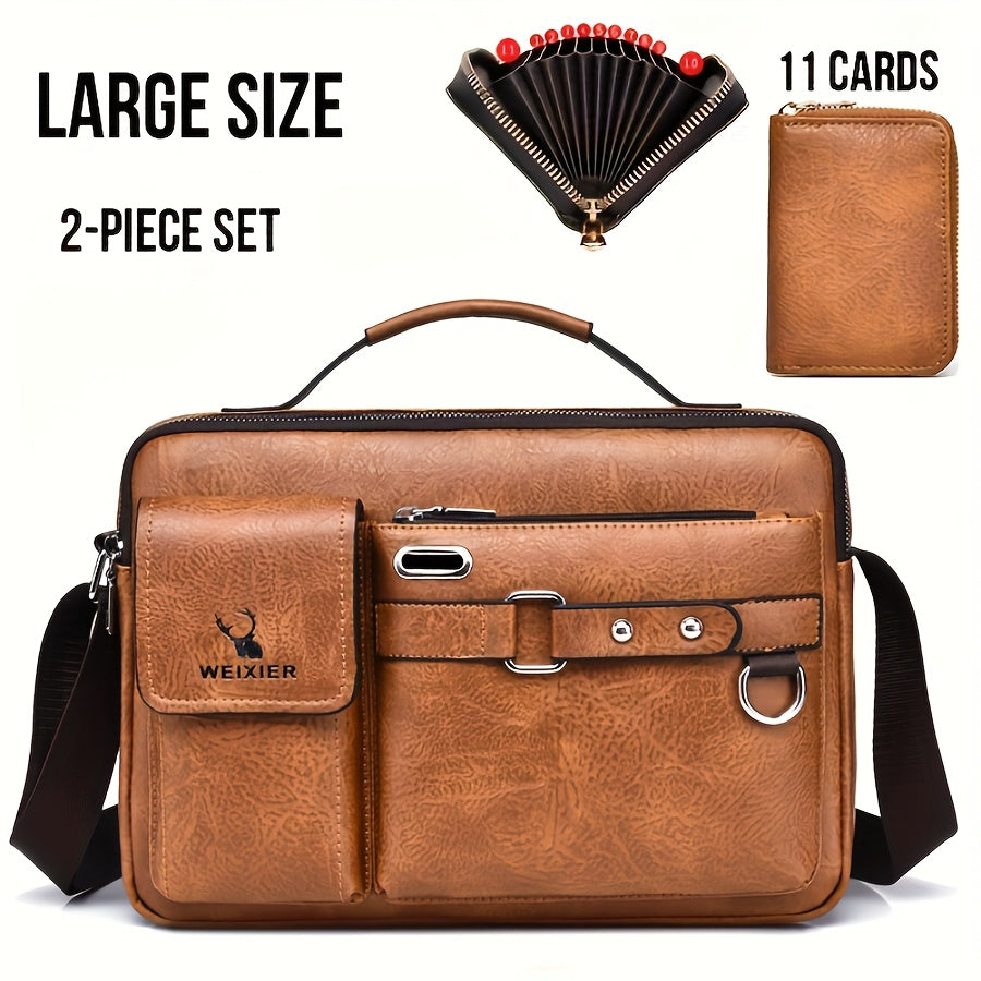 WEIXIER Men's Business Crossbody Bag - Premium with Multi-Compartment Design, Adjustable Strap & Portable Headphone Jack Pocket - Light Brown Office & Casual Shoulder Bag Gift for Dad, Husband (Anniversary Present), Crossbody