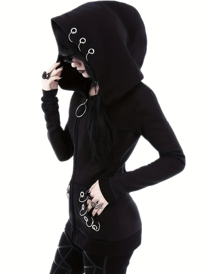 Stylish Black Zip-Up Hoodie with Unique Chain Detail - Casual Long Sleeve, Polyester Blend, Machine Washable - Perfect for All Seasons
