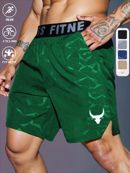Men's "S's FINE" Athletic Shorts - Gray, Quick-Dry Polyester with Geometric Pattern, Elastic Waistband, Ideal for Running & Workouts, Machine Washable