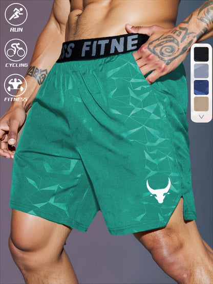 Men's "S's FINE" Athletic Shorts - Gray, Quick-Dry Polyester with Geometric Pattern, Elastic Waistband, Ideal for Running & Workouts, Machine Washable