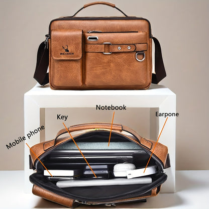 WEIXIER Men's Business Crossbody Bag - Premium with Multi-Compartment Design, Adjustable Strap & Portable Headphone Jack Pocket - Light Brown Office & Casual Shoulder Bag Gift for Dad, Husband (Anniversary Present), Crossbody