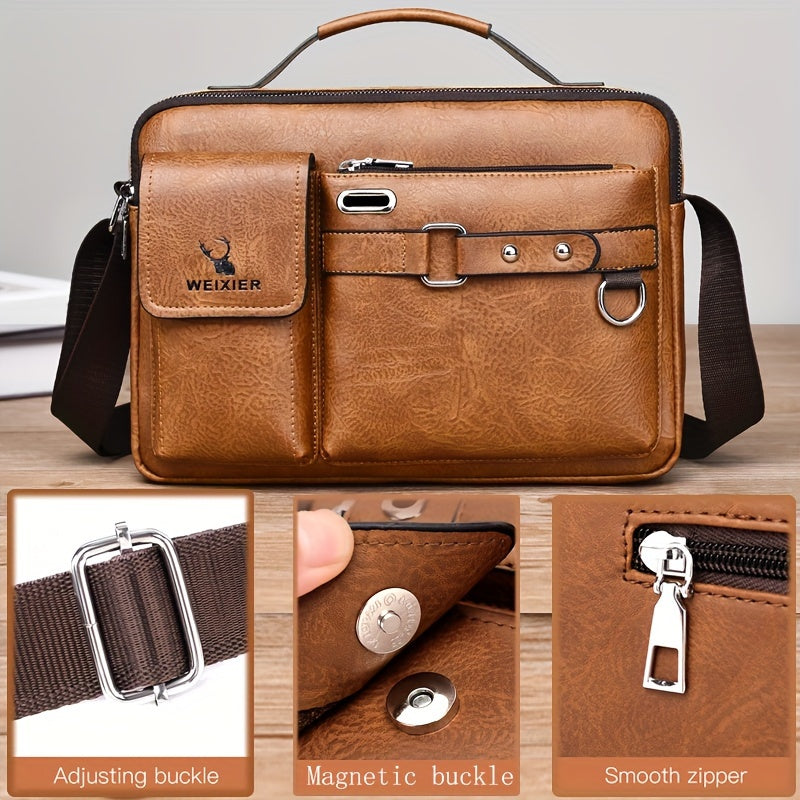 WEIXIER Men's Business Crossbody Bag - Premium with Multi-Compartment Design, Adjustable Strap & Portable Headphone Jack Pocket - Light Brown Office & Casual Shoulder Bag Gift for Dad, Husband (Anniversary Present), Crossbody