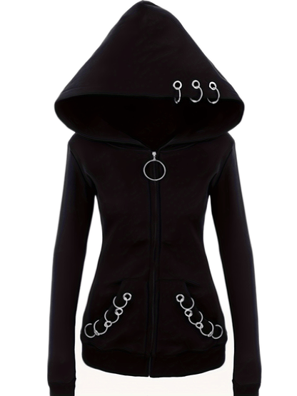 Stylish Black Zip-Up Hoodie with Unique Chain Detail - Casual Long Sleeve, Polyester Blend, Machine Washable - Perfect for All Seasons