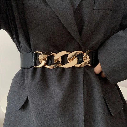 Gold chain belt elastic silver metal waist belts for women ceinture femme stretch cummerbunds ladies coat ketting riem waistband