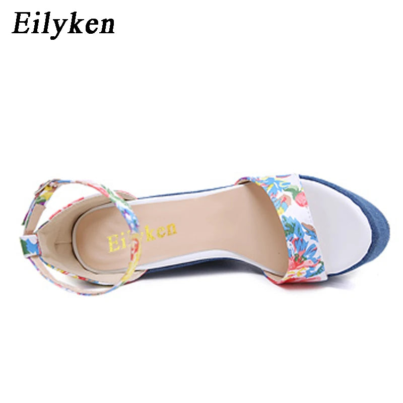 Eilyken Fashion Designer Print Denim Sandals Woman Roman Wedges High Heels Peep Toe Platform Shoes Zapatos De Mujer