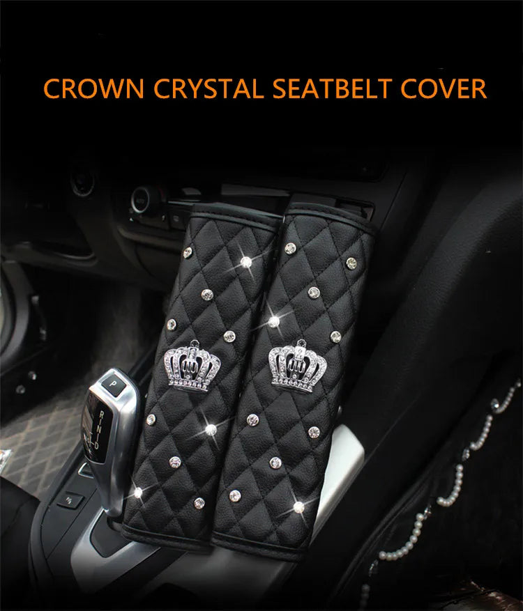 2pcs Fashion Rhinestone Leather Car Sefety Seat Belt Cover Crystal Crown Universal Shoulder Pad Car Styling Interior Accessories