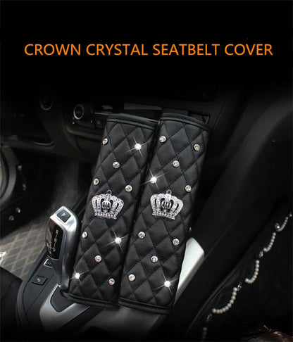 2pcs Fashion Rhinestone Leather Car Sefety Seat Belt Cover Crystal Crown Universal Shoulder Pad Car Styling Interior Accessories