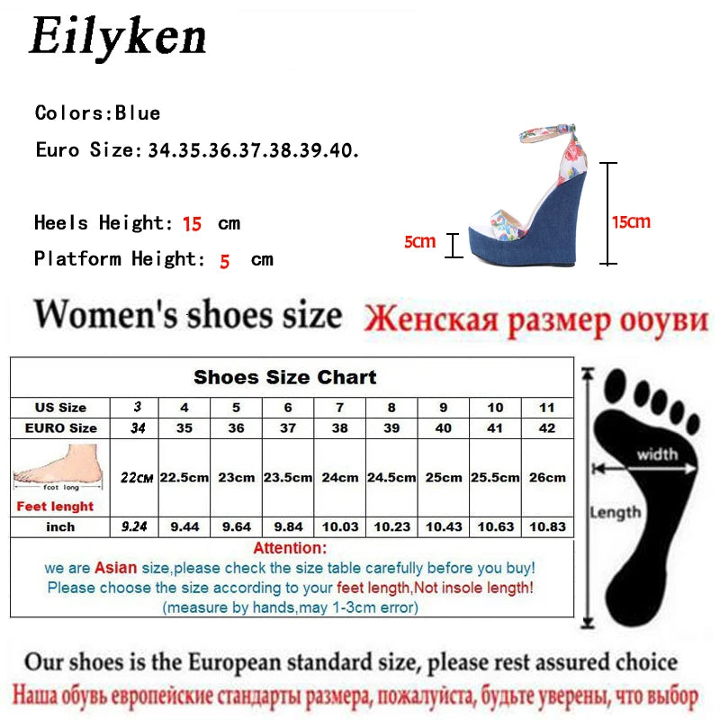 Eilyken Fashion Designer Print Denim Sandals Woman Roman Wedges High Heels Peep Toe Platform Shoes Zapatos De Mujer