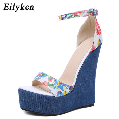 Eilyken Fashion Designer Print Denim Sandals Woman Roman Wedges High Heels Peep Toe Platform Shoes Zapatos De Mujer