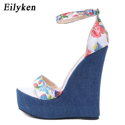 Eilyken Fashion Designer Print Denim Sandals Woman Roman Wedges High Heels Peep Toe Platform Shoes Zapatos De Mujer