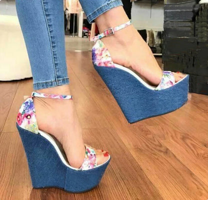 Eilyken Fashion Designer Print Denim Sandals Woman Roman Wedges High Heels Peep Toe Platform Shoes Zapatos De Mujer