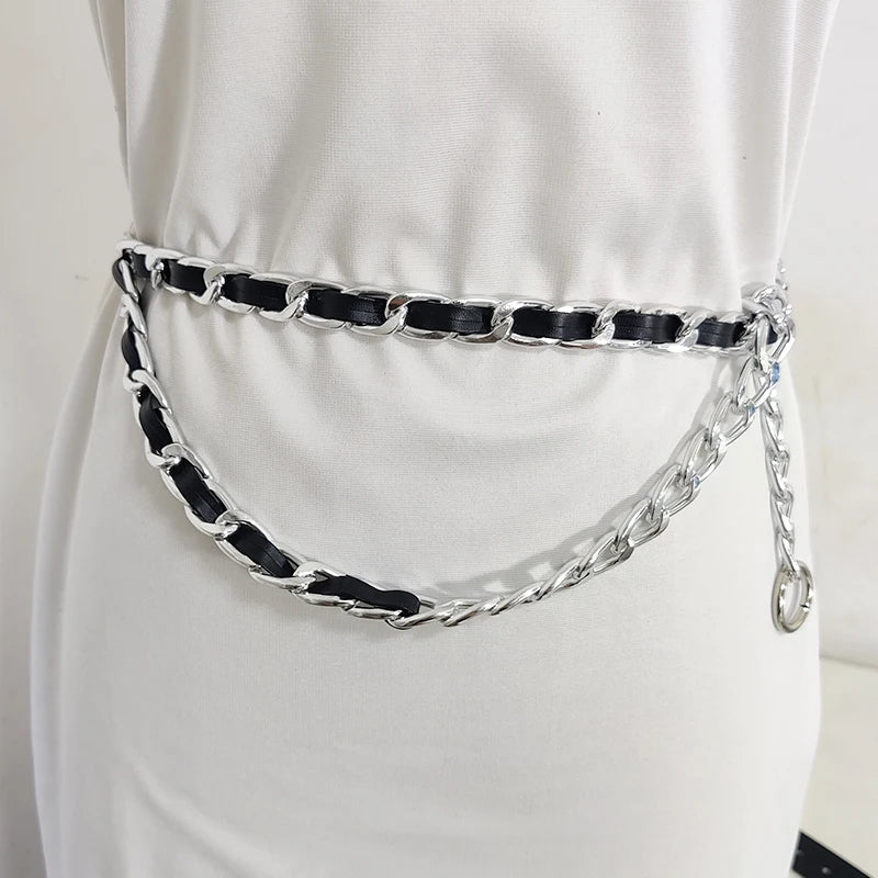 Gold chain belt elastic silver metal waist belts for women ceinture femme stretch cummerbunds ladies coat ketting riem waistband