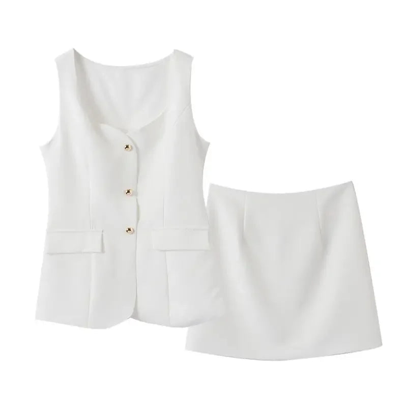 Chic Skirts Sets Women's Sleeveless Single Breasted Top High Waist Skirt Suit 2024 Spring Summer Office Ladies Commuter Outfit