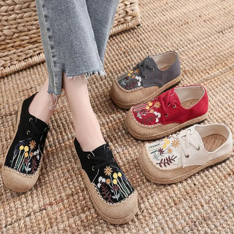 Flower Embroidered Women Handmade Linen Cotton Slip On Espadrilles Loafers Comfortable Sneakers Casual Walking Shoes 2024