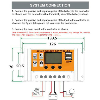 Solar Charge Controller USB Port 12V/24V MPPT/PWM 10A-100A Solar Panel Dual Electrical Equipment Auto Paremeter Adjustable Tools