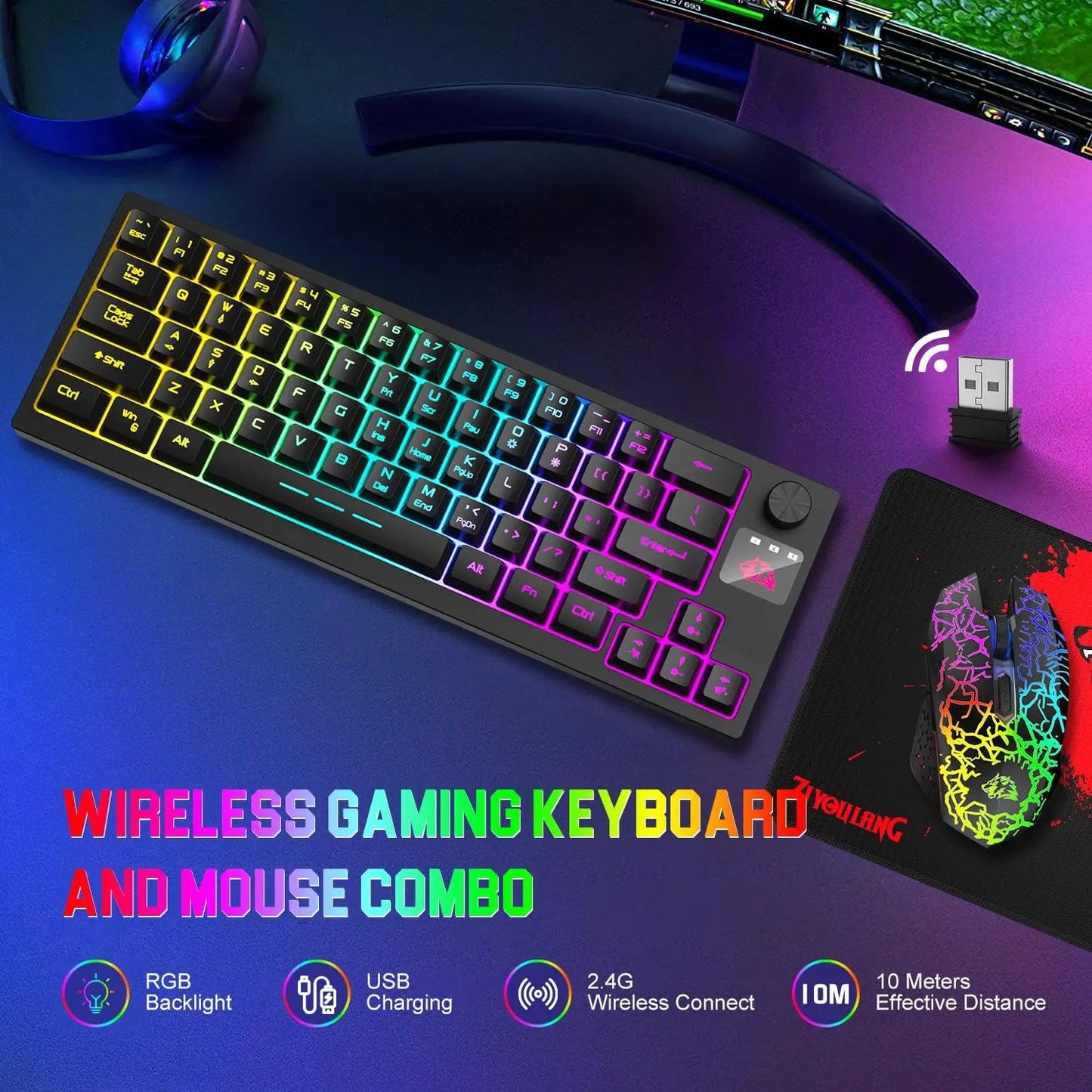 Wireless Gaming Keyboard and Mouse Combo, 12 RGB Backlit Rotary Knob, 4000mAh Battery,Mechanical Feel Keyboard and Quiet Mouse