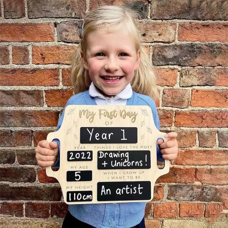 First Day of School Sign - Reusable Memory Photo Board with Handles Back to School Starting School Nursery Preschool