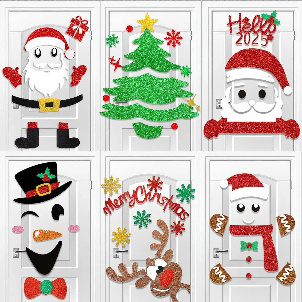 2 Set Cartoon Christmas Felt Door Sticker Elk Christmas Tree Snowman Exquisite Santa Claus Window Sticker Funny