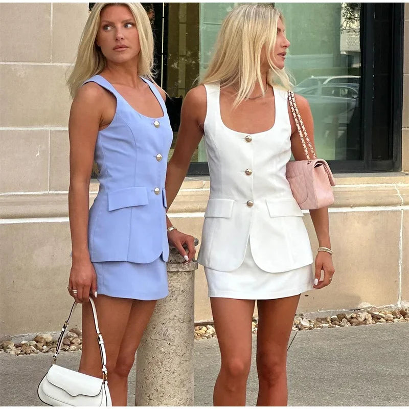 Chic Skirts Sets Women's Sleeveless Single Breasted Top High Waist Skirt Suit 2024 Spring Summer Office Ladies Commuter Outfit