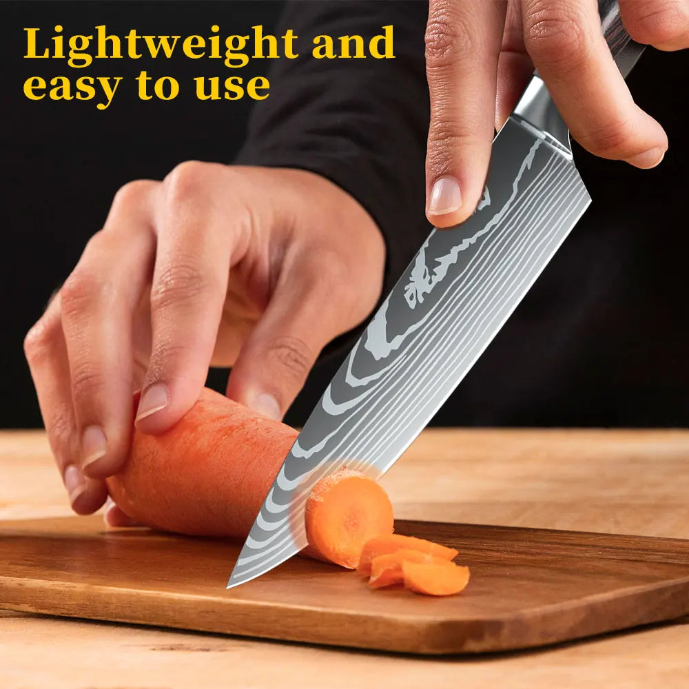 1-10PCS Chef knife Japanese Kitchen Knives Set Professional Laser Damascus Pattern Stainless Steel Meat Cleaver Slicer Knife