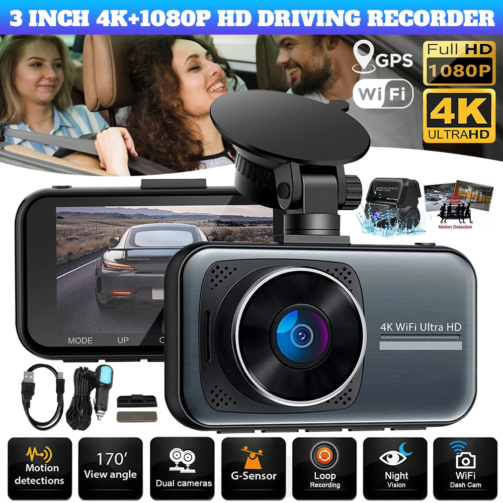 Dual Lens Dash Cam 4K HD 1080P WiFi Car DVR Front/Rear Video Recorder G-sensor Camera Night Vision Parking Monitoring Recorder