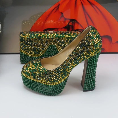 Fashion Teal Blue Mix Color Wedding Shoes and bag Set Woman 14CM High Pumps Thick Heel Party Shoes Matching Bag Round Toe Pumps