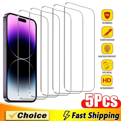 5Pcs Tempered Glass For iPhone 15 13 11 12 14 Pro Max Mini Screen Protector For IPhone 16 7 8 Plus X XR XS MAX Protective Glass