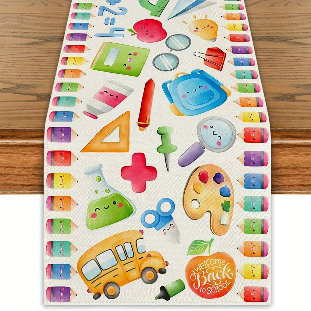 1 Piece Back-To-School Theme Table Runner with Interesting Stationery Pattern, Suitable for Classroom Decoration, School Theme Party, Back-To-School Celebration Activities