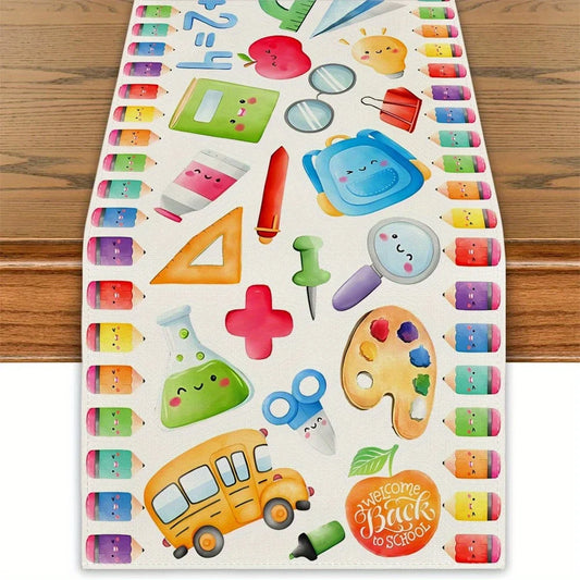 1 Piece Back-To-School Theme Table Runner with Interesting Stationery Pattern, Suitable for Classroom Decoration, School Theme Party, Back-To-School Celebration Activities